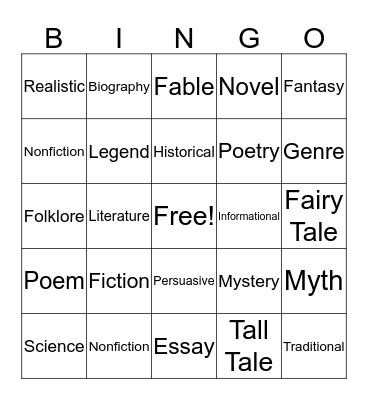Literary Genre Bingo Card