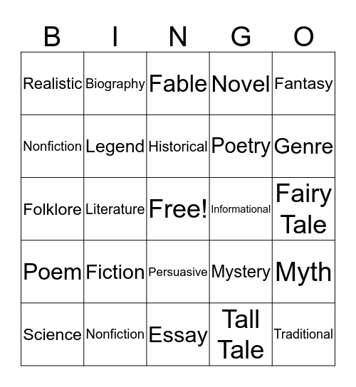 Literary Genre Bingo Card
