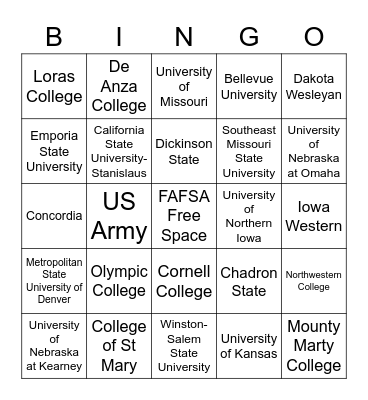 Where did you go to College? Bingo Card