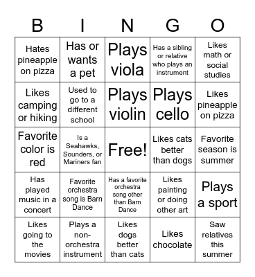 5th Grade Orchestra Bingo Card