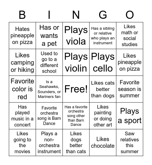 5th Grade Orchestra Bingo Card