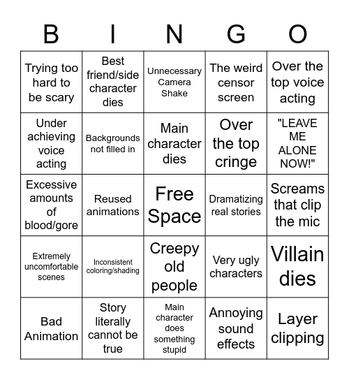 Horror Shorts Party Bingo Card