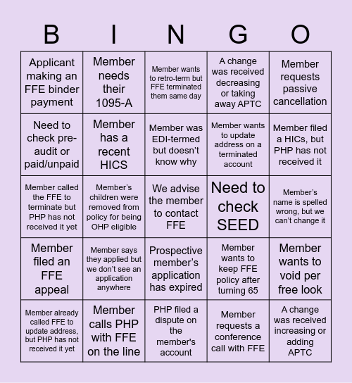 FFE Bingo Card