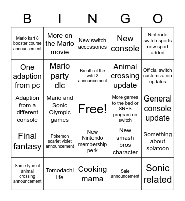 Nintendo direct announcement September 2022 Bingo Card