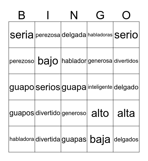 Character adjectives bingo Card