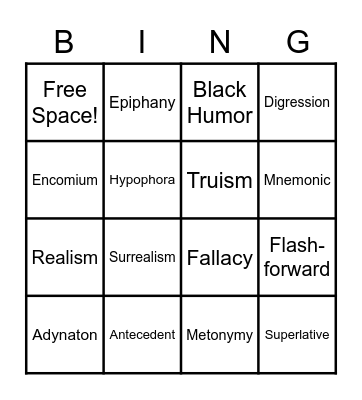 Learning Literary Devices Bingo Card