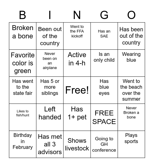 Greenhand night Bingo Card