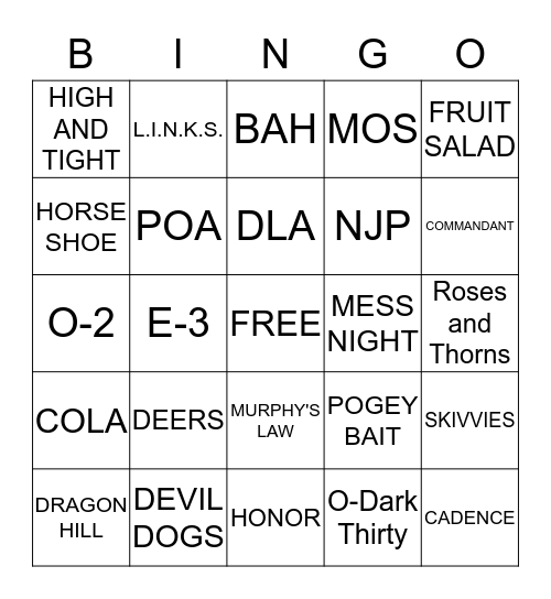 Marine Corps Bingo Card