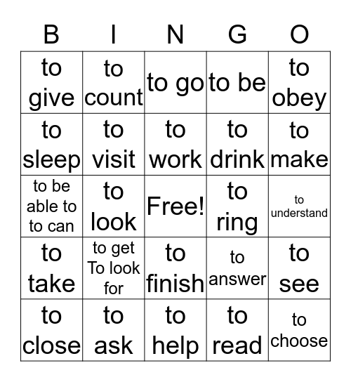 Verbes Infinitifs Bingo Card