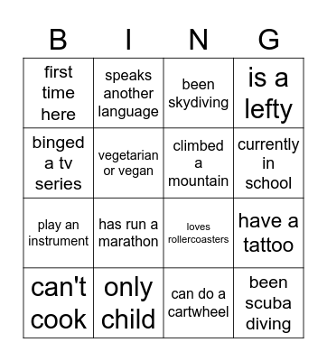 Getting To Know Us Bingo Card