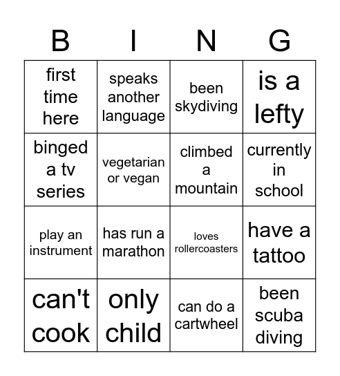 Getting To Know Us Bingo Card