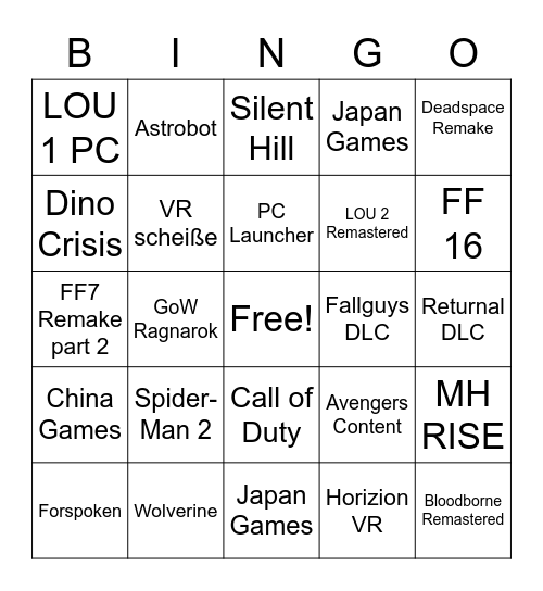 State of Play Bingo Card