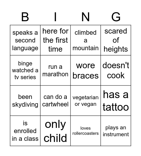 Getting to Know You Bingo Card