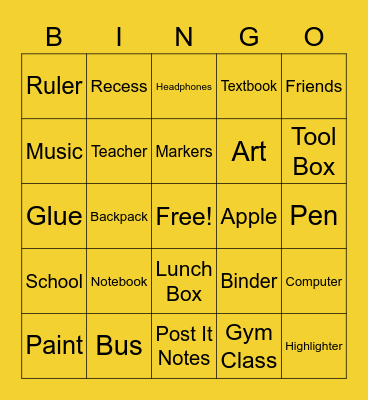 Back to School Bingo Card