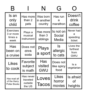 Get To Know You Bingo Card