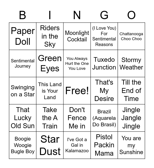 Songs of the 40s Bingo Card