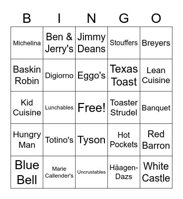 Frozen Foods/Treats Bingo Card