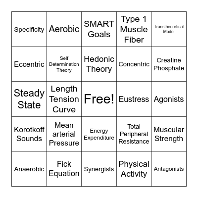 Fitness Assessment Bingo Card
