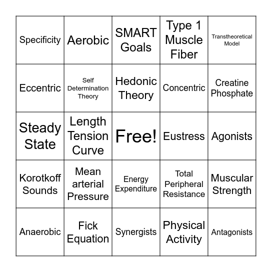 Fitness Assessment Bingo Card