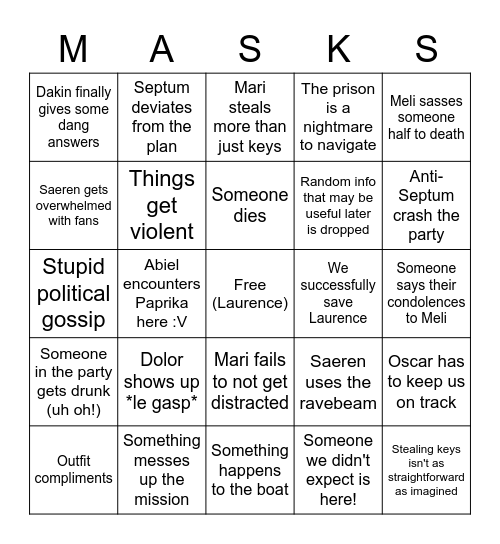 Masquerade Mission Time Bingo Card