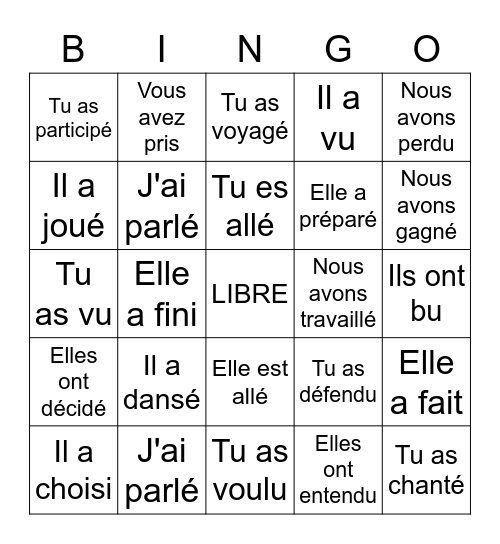 Le passé composé avoir Bingo Card