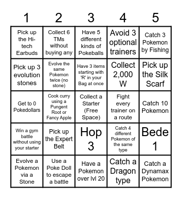 Sword and Shield Lockout Bingo Card