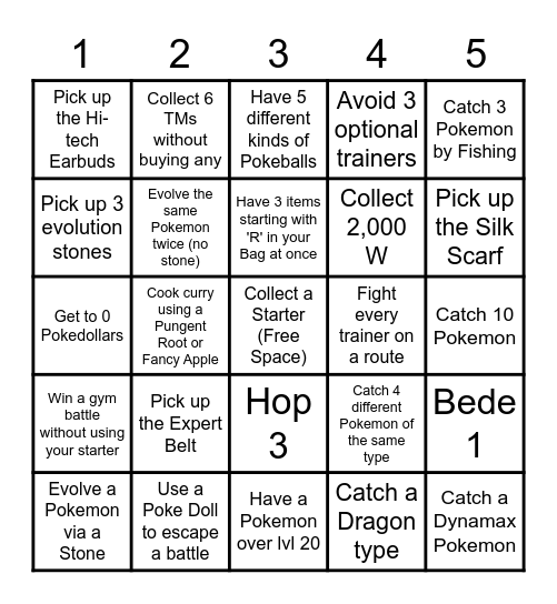 Sword and Shield Lockout Bingo Card