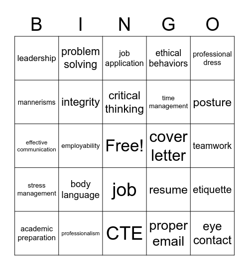 Employability skills Bingo Card
