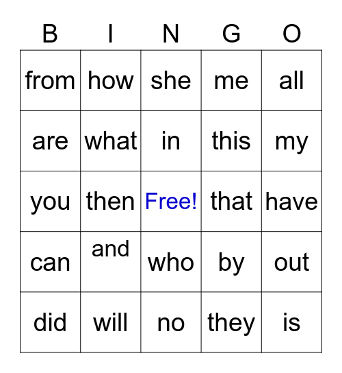 SIGHT WORD BINGO Card