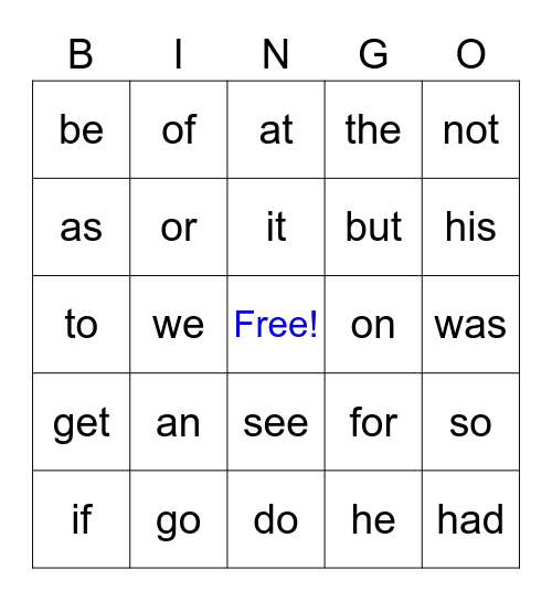 SIGHT WORD BINGO Card