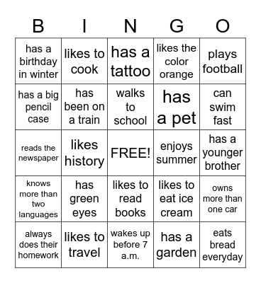 Classmates Bingo Card