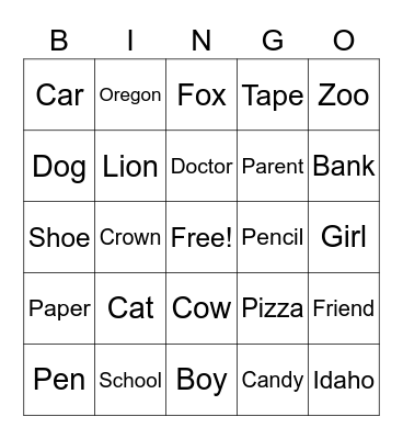 NOUN BINGO Card