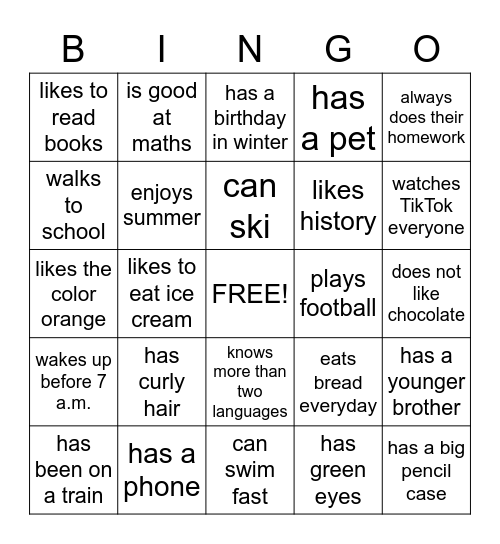 Classmates Bingo Card