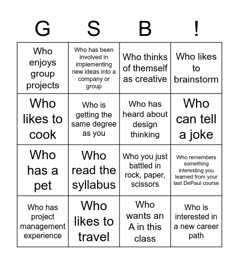 GSB 525 Networking Bingo! Bingo Card