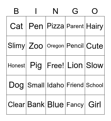 Adjective and Noun Bingo Card