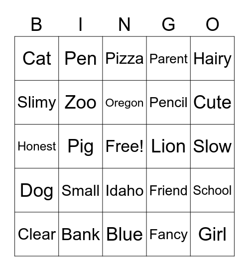 Adjective and Noun Bingo Card