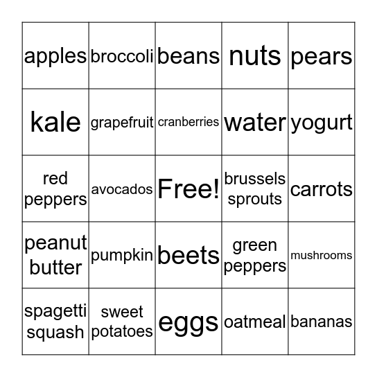 Super Foods Bingo Card