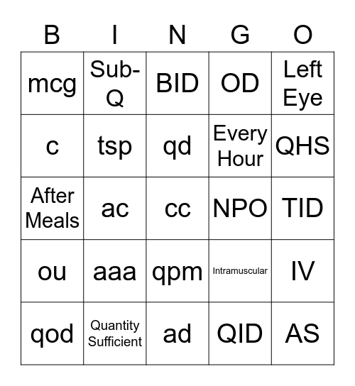 Pharmacy Bingo Card