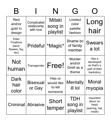 Eden OC Checklist Bingo Card