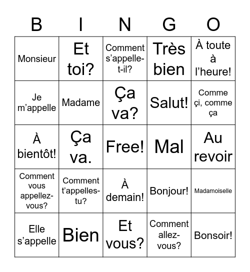 French Greeting Words Bingo Card