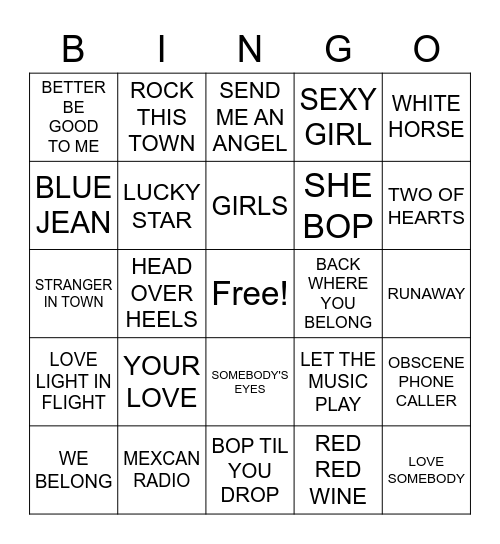 80'S HITS Bingo Card