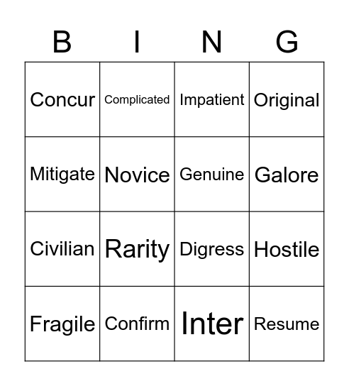 Vocab 1/2 Bingo Card