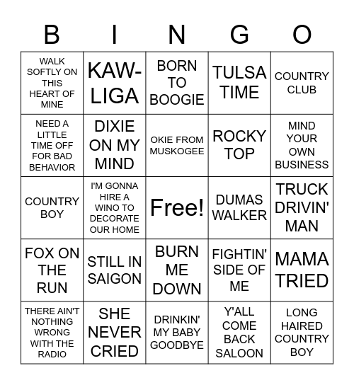 COUNTRY Bingo Card