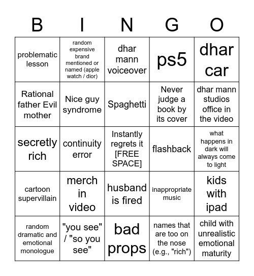 Dhar Mann Bingo CUSTOM Bingo Card