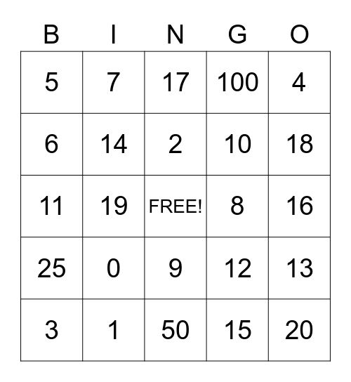 Kindergarten Math Bingo Card