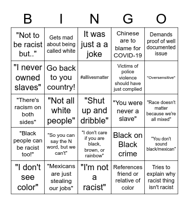 Racist Nonsense BINGO Card