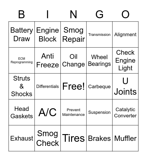 Econo Lube N' Tune & Brakes Bingo Card