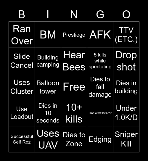Warzone Bingo Card