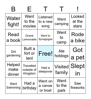 Barak Welcome Back! Bingo Card