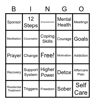 Recovery Bingo Card